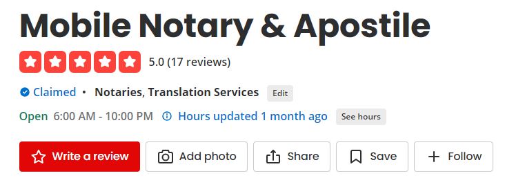 Yelp Review for Mobile Notary & Apostille